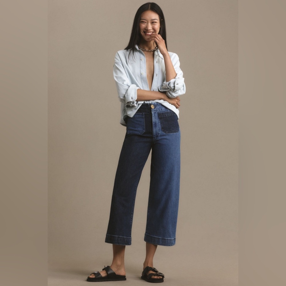 💙🩵 The Colette Cropped Wide-Leg Pants: Denim Edition Two-Tone Size 25, NWT 👖